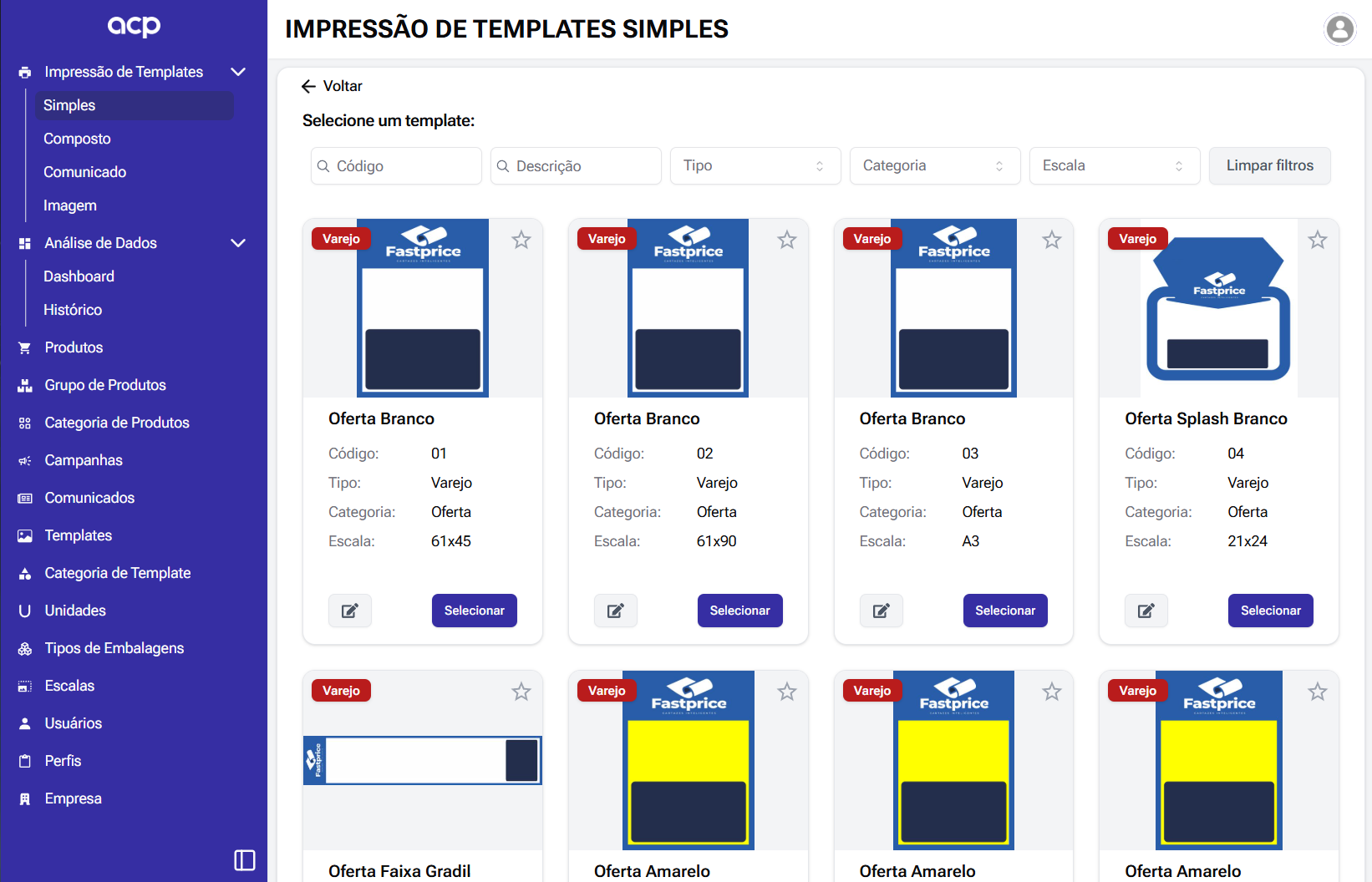 Biblioteca de templates do ACP com diversos designs